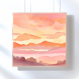 Zonsondergang Aquarel Heuvels   Oranje Tinten Luch Poster