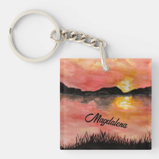 zonsondergang aquarel | zwarte inkt | landschapsku sleutelhanger (Voorkant)