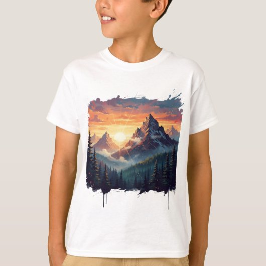 Zonsondergang Bergbos Kunst T-shirt (Voorkant)