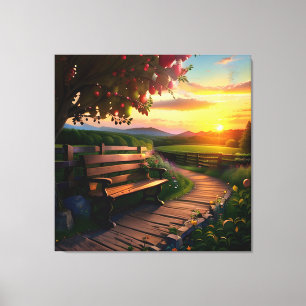 Zonsondergang Berglandschap met Apple en Pad Canvas Afdruk