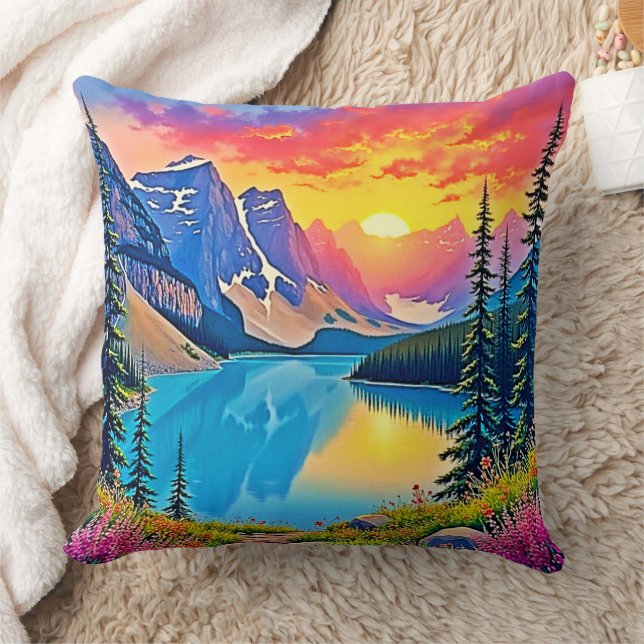 Zonsondergang Bergmeer Majesteit Kunst Kussen (Deken)