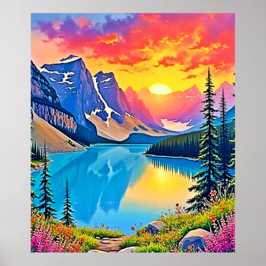 Zonsondergang Bergmeer Majesteit Kunst Poster (Voorkant)