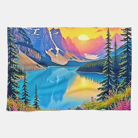 Zonsondergang Bergmeer Majesteit Kunst Theedoek (Horizontaal)