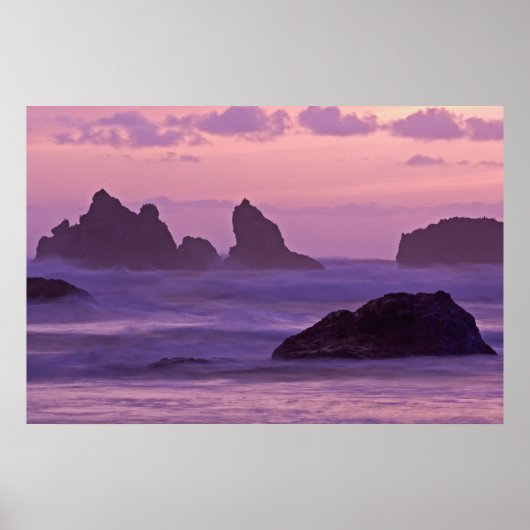 Zonsondergang bij Bandon Beach Sea Stacks. Poster (Voorkant)