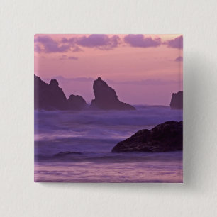 Zonsondergang bij Bandon Beach Sea Stacks. Vierkante Button 5,1 Cm