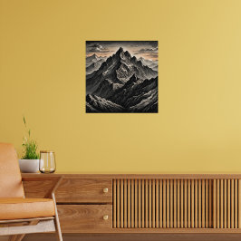 Zonsondergang bij de bergen kunstwerk poster