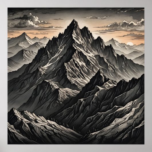 Zonsondergang bij de bergen kunstwerk poster (Voorkant)