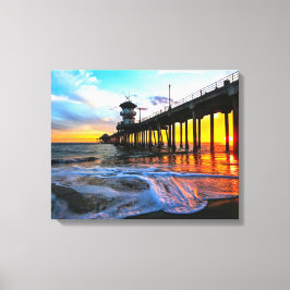 Zonsondergang bij de Huntington Beach Pier Canvas Afdruk