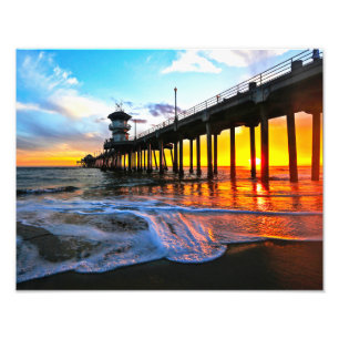 Zonsondergang bij de Huntington Beach Pier Foto Afdruk