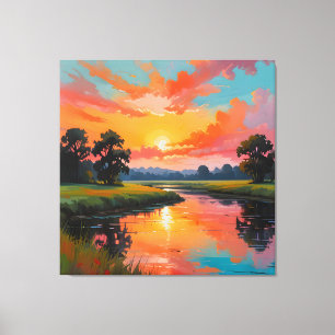 Zonsondergang bij de rivier canvas afdruk