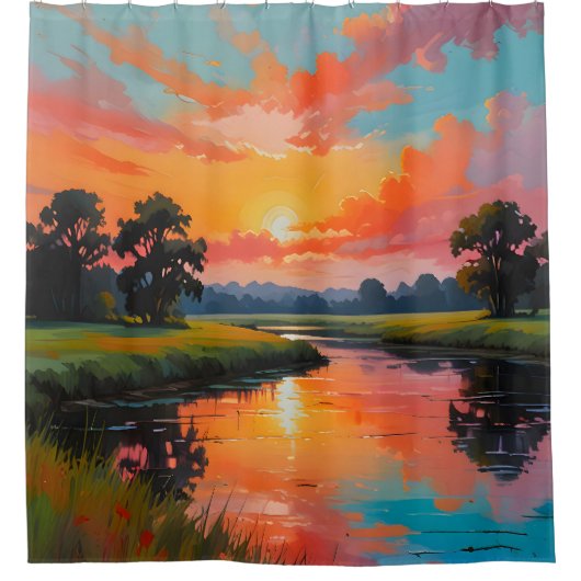 Zonsondergang bij de rivier douchegordijn (Voorkant)