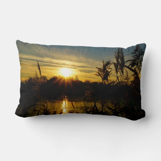 Zonsondergang bij een meertje met rietpluimen. kussen (Achterkant)