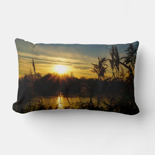 Zonsondergang bij een meertje met rietpluimen. kussen (Voorkant)