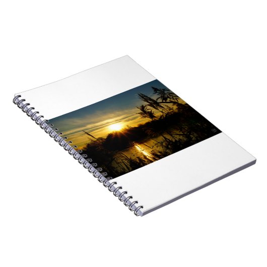 Zonsondergang bij een meertje met rietpluimen. notitieboek (Rechterzijde)