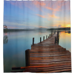 zonsondergang bij het meer douchegordijn