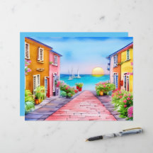Zonsondergang bij kustdorp Aquarel scrapbookpapier