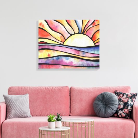 Zonsondergang bij Zee Waterverf schilderij op Canv Canvas Afdruk (Insitu (Woonkamer))