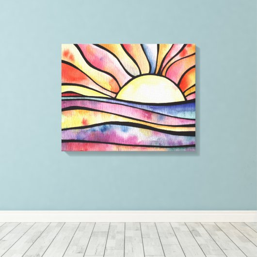 Zonsondergang bij Zee Waterverf schilderij op Canv Canvas Afdruk (Insitu (Houten vloer))