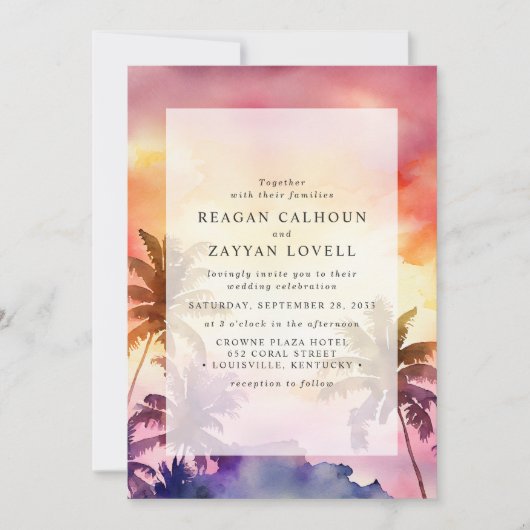 Zonsondergang Bliss Tropische Palmenboom Aquarel B Kaart (Voorkant)