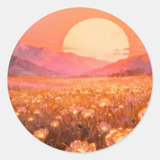 Zonsondergang Bloemveld Ronde Sticker (Voorkant)