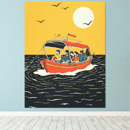 Zonsondergang Bootrit – Retro Minimalistisch Canvas Afdruk