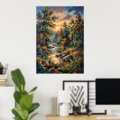 Zonsondergang Bos Stroom Landschap Poster (Thuiskantoor)
