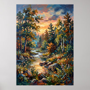 Zonsondergang Bos Stroom Landschap Poster
