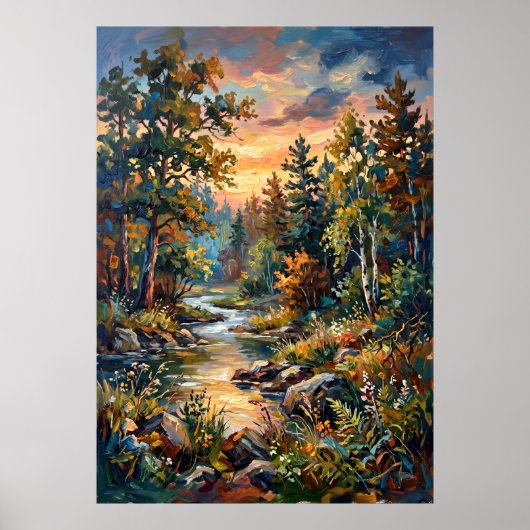 Zonsondergang Bos Stroom Landschap Poster (Voorkant)