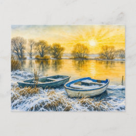 Zonsondergang boten riverside aquarell havelland feestdagenkaart