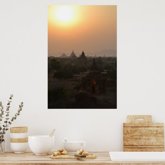 Zonsondergang boven Bagan-tempels – Myanmar Fotogr Poster (Keuken)