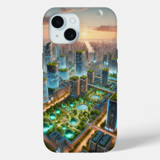 Zonsondergang boven de groene metropool iPhone 15 case