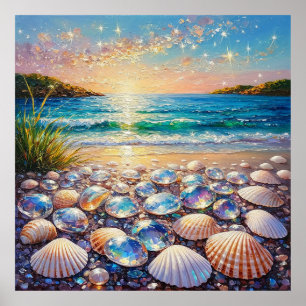 Zonsondergang boven de oceaan met schelpen en juwe poster