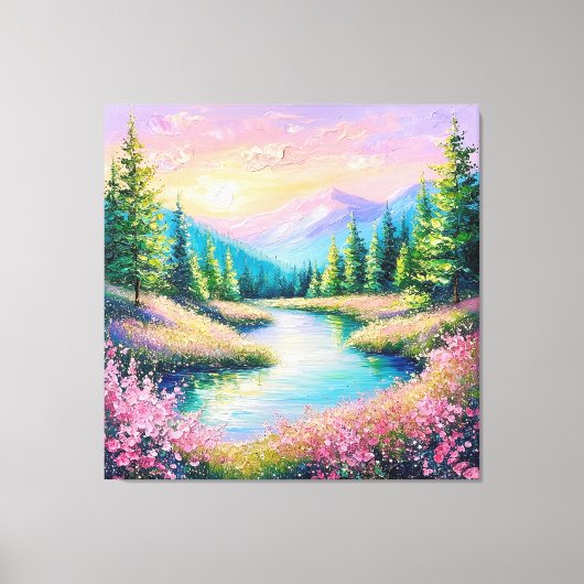 Zonsondergang boven een rustige stroom en bomen canvas afdruk (Voorkant)