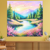 Zonsondergang boven een rustige stroom en bomen canvas afdruk (Insitu (Woonkamer))