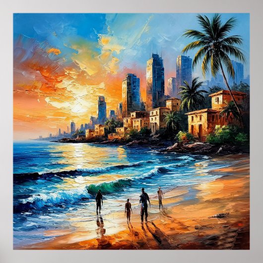 Zonsondergang boven het stadsgezicht van de kust poster (Voorkant)