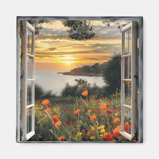 Zonsondergang boven Ocean Window Uitzicht Magneet (Voorkant)