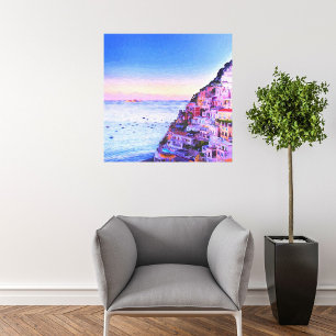 Zonsondergang boven Positano, Italië Schilderij Canvas Afdruk