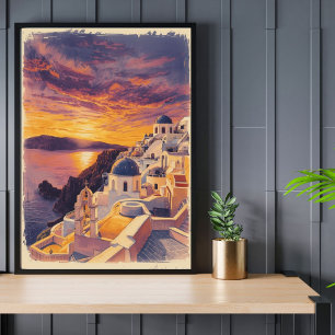 Zonsondergang boven Santorini – Retro Griekse kust Poster