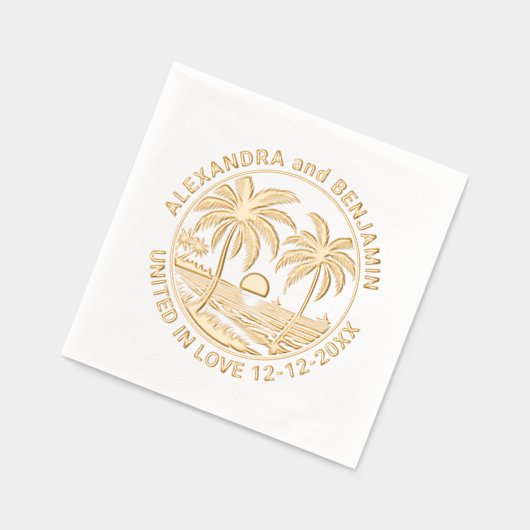 Zonsondergang boven strand, palmbomen bruidspaar folie servetten (Links)