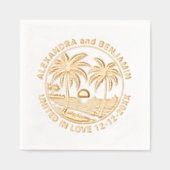 Zonsondergang boven strand, palmbomen bruidspaar folie servetten (Voorkant)