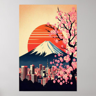 Zonsondergang boven Tokio met kersenbloesems Poster