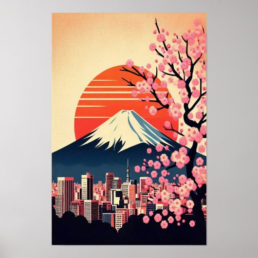Zonsondergang boven Tokio met kersenbloesems Poster (Voorkant)