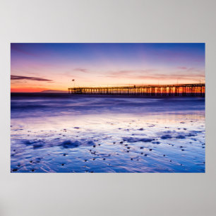 Zonsondergang boven Ventura Pier en strand Poster