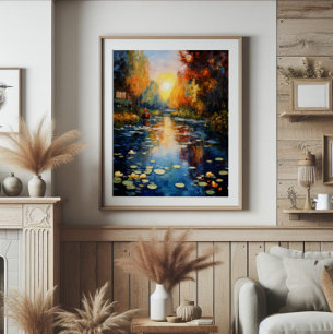 Zonsondergang boven vijverimpressionisme foto afdruk