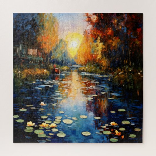 Zonsondergang boven vijverimpressionisme legpuzzel (Verticaal)