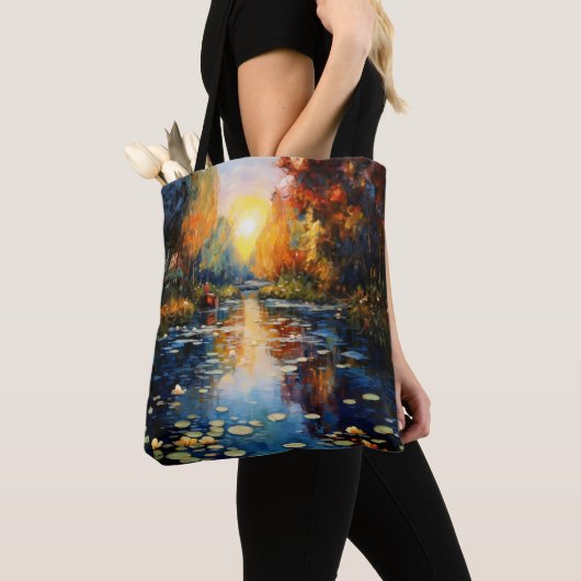 Zonsondergang boven vijverimpressionisme tote bag (Dichtbij)