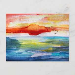 Zonsondergang boven zee in aquarel stijl feestdagenkaart