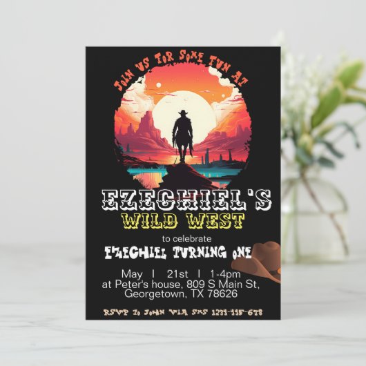 zonsondergang Cowboy Verjaardagsuitnodiging, bewer Kaart (Staand voorkant)