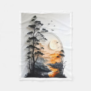 Zonsondergang Dennensilhouet Dekbed Fleece Deken