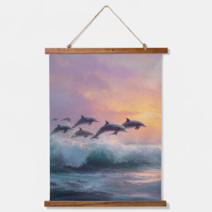 Zonsondergang Dolfijnen Surfen Oceaangolf Tapijt Hangend Wandkleed
